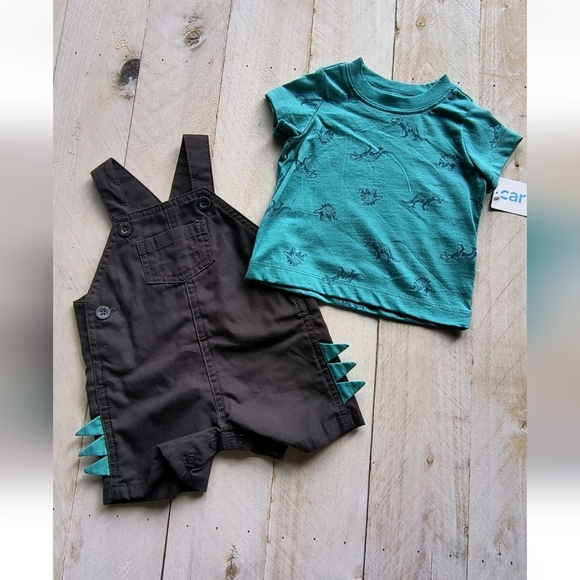 NWT Carter's Dinosaur Boys Overalls Shorts And SS Shirt 2pc Set Size 3 Months - Picture 1 of 6